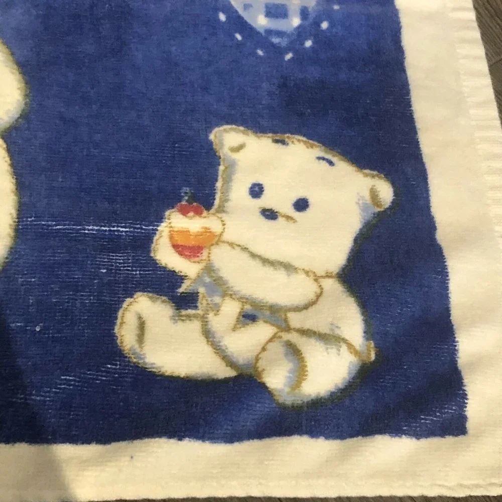 Vintage Japanese Haosheng Teddy Bear Eating Dessert Blue And White Kid’s Towel